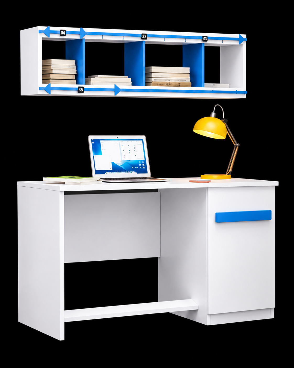 Towaho ThinkTable with open-backed overhead storage, using the original product proportions